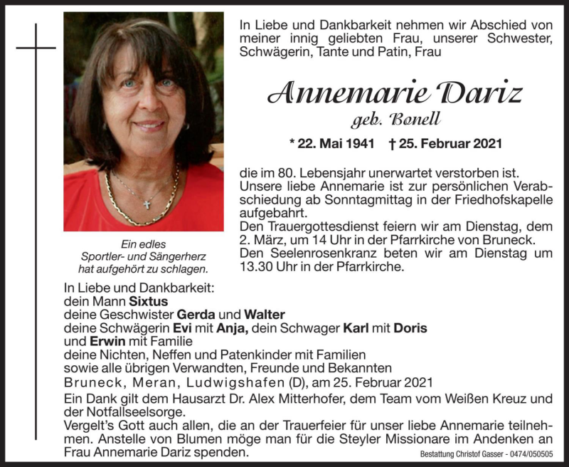  Traueranzeige für Annemarie Dariz vom 01.03.2021 aus Dolomiten
