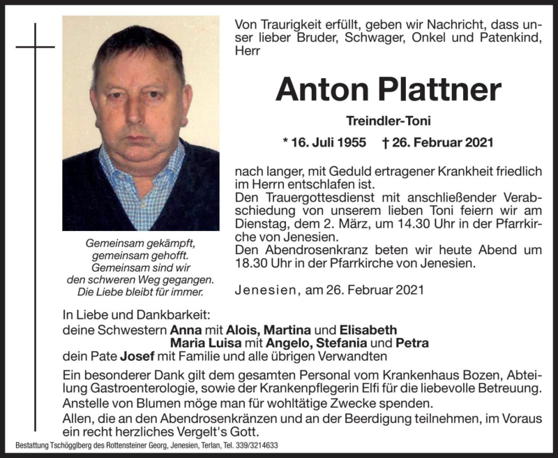  Traueranzeige für Anton Plattner vom 01.03.2021 aus Dolomiten