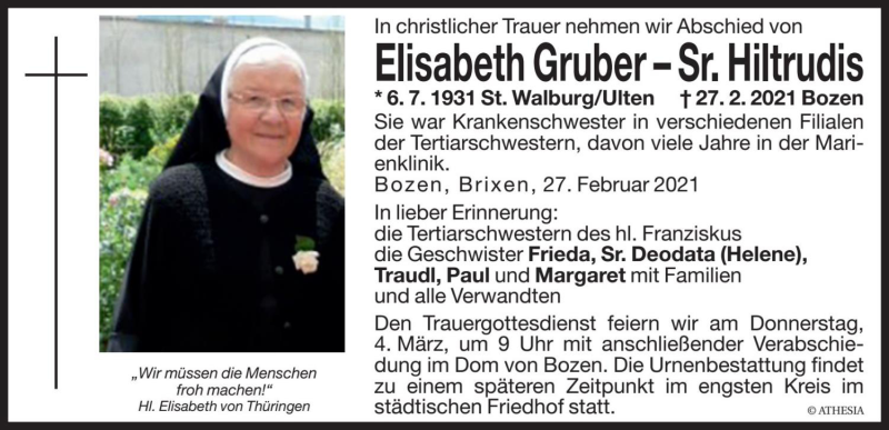  Traueranzeige für Elisabeth Gruber vom 01.03.2021 aus Dolomiten