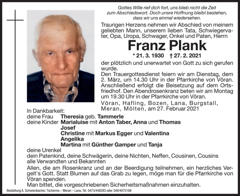  Traueranzeige für Franz Plank vom 01.03.2021 aus Dolomiten