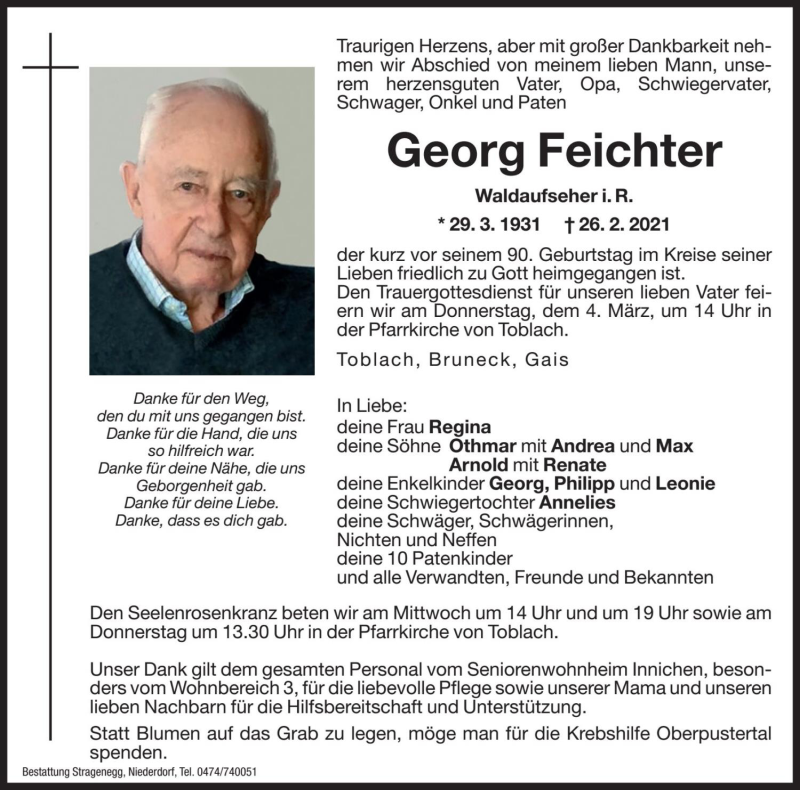  Traueranzeige für Georg Feichter vom 01.03.2021 aus Dolomiten