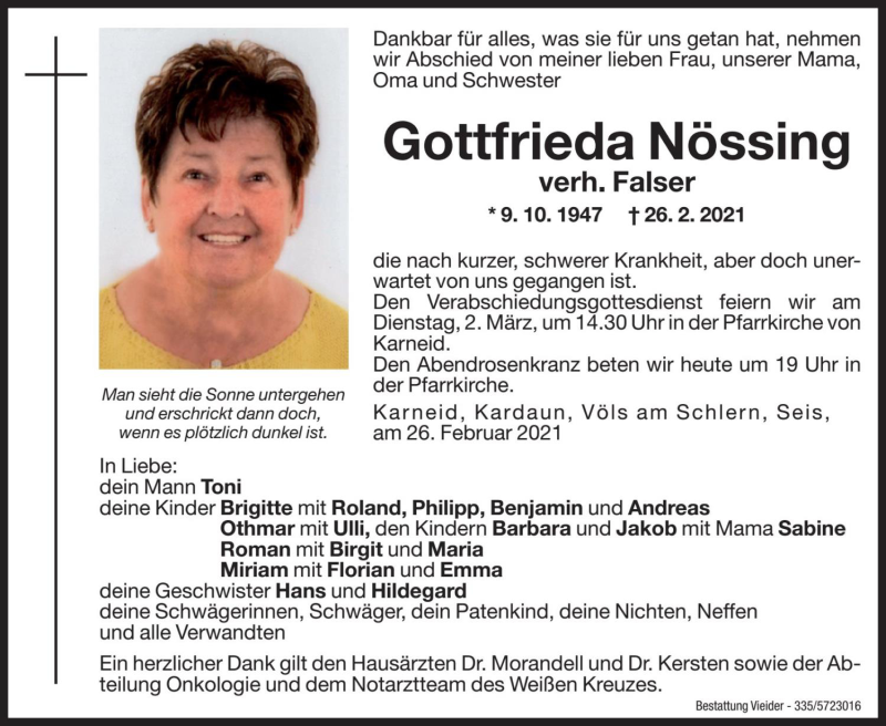  Traueranzeige für Gottfrieda Falser vom 01.03.2021 aus Dolomiten