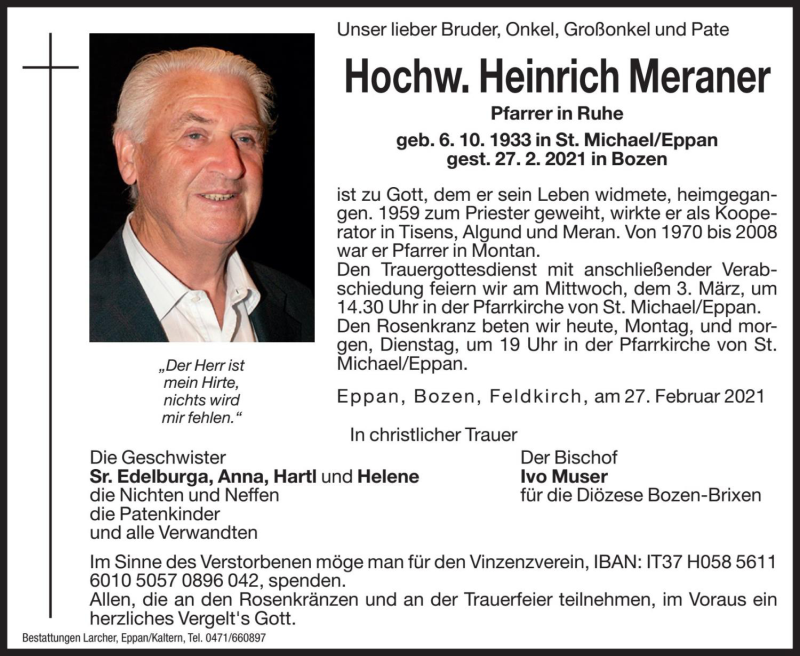  Traueranzeige für Heinrich Meraner vom 01.03.2021 aus Dolomiten