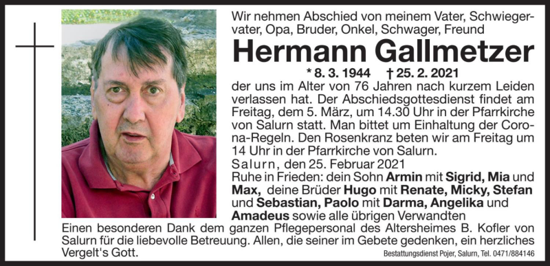  Traueranzeige für Hermann Gallmetzer vom 03.03.2021 aus Dolomiten