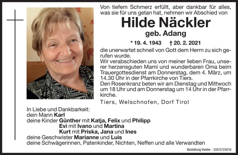  Traueranzeige für Hilde Näckler vom 02.03.2021 aus Dolomiten