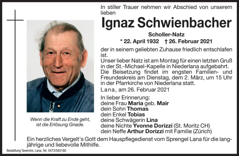  Traueranzeige für Ignaz Schwienbacher vom 01.03.2021 aus Dolomiten