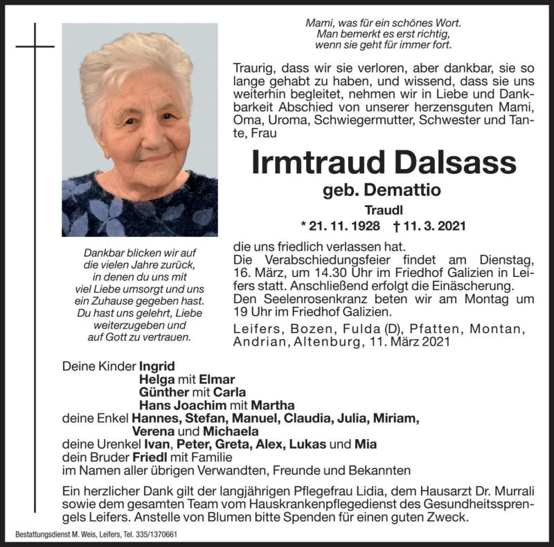  Traueranzeige für Irmtraud Dalsass vom 13.03.2021 aus Dolomiten