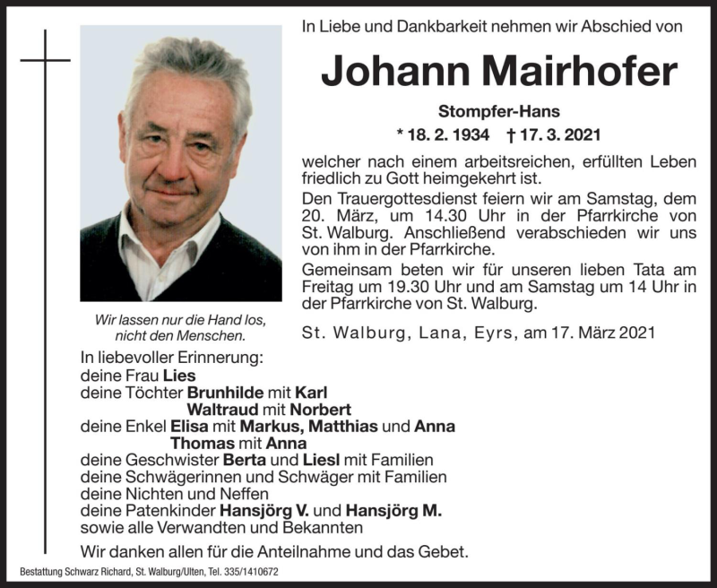  Traueranzeige für Johann Mairhofer vom 19.03.2021 aus Dolomiten