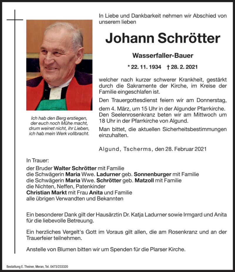  Traueranzeige für Johann Schrötter vom 02.03.2021 aus Dolomiten