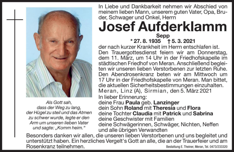  Traueranzeige für Josef Aufderklamm vom 06.03.2021 aus Dolomiten