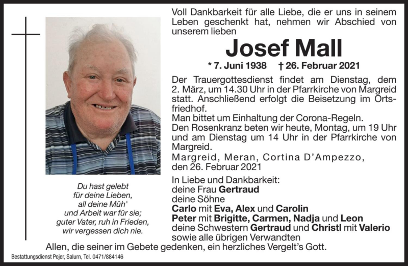  Traueranzeige für Josef Mall vom 01.03.2021 aus Dolomiten
