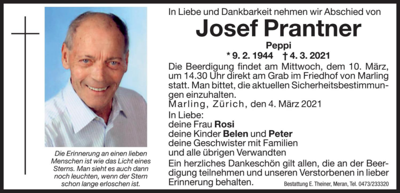  Traueranzeige für Josef Prantner vom 06.03.2021 aus Dolomiten
