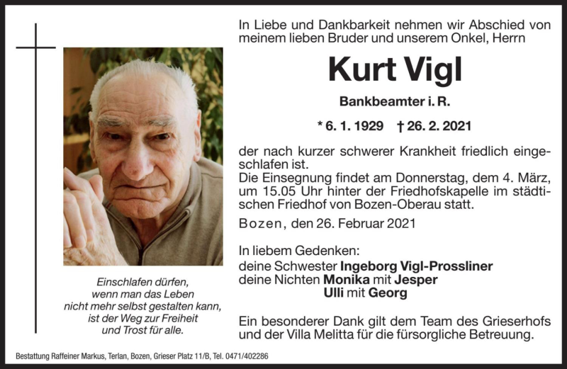  Traueranzeige für Kurt Vigl vom 01.03.2021 aus Dolomiten