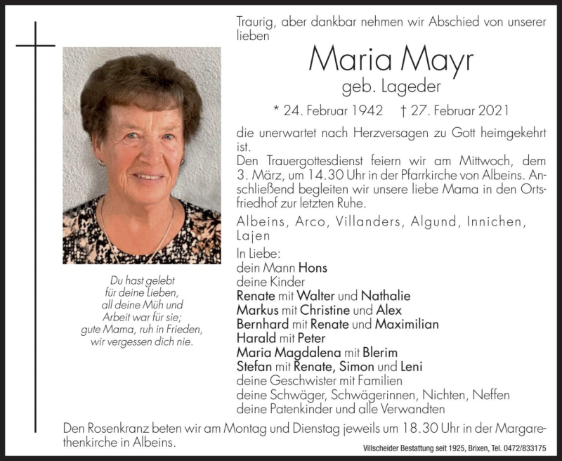  Traueranzeige für Maria Mayr vom 01.03.2021 aus Dolomiten