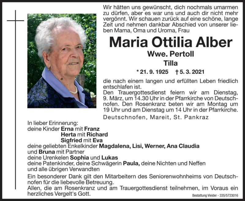  Traueranzeige für Maria Ottilia Pertoll vom 06.03.2021 aus Dolomiten