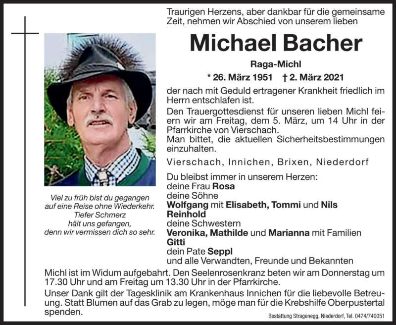  Traueranzeige für Michael Bacher vom 03.03.2021 aus Dolomiten