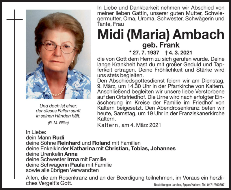  Traueranzeige für Midi (Maria) Ambach vom 06.03.2021 aus Dolomiten