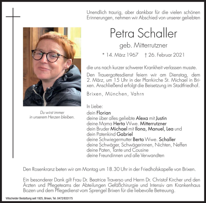  Traueranzeige für Petra Schaller vom 01.03.2021 aus Dolomiten
