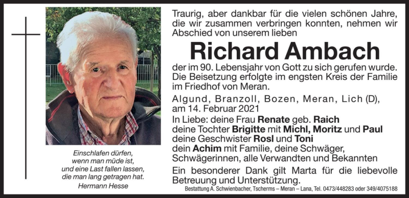  Traueranzeige für Richard Ambach vom 02.03.2021 aus Dolomiten