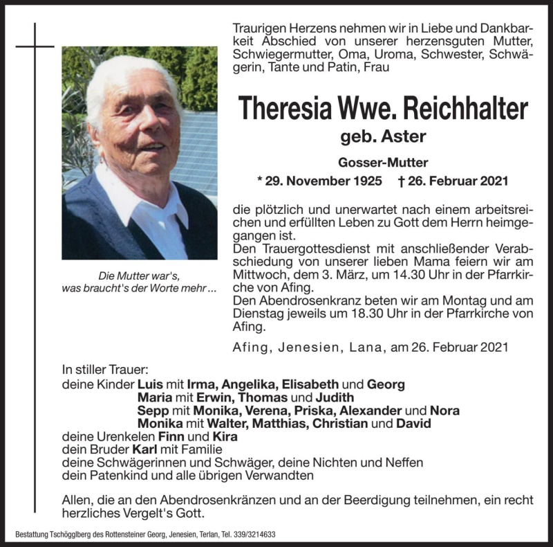  Traueranzeige für Theresia Reichhalter vom 01.03.2021 aus Dolomiten
