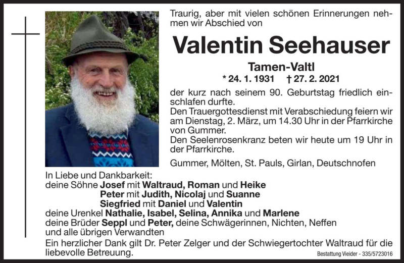  Traueranzeige für Valentin Seehauser vom 01.03.2021 aus Dolomiten