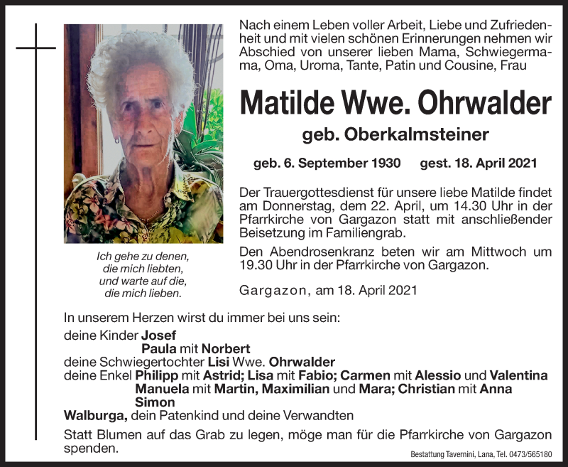  Traueranzeige für Matilde Ohrwalder vom 20.04.2021 aus Dolomiten