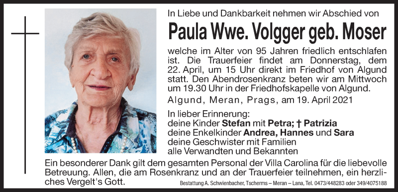  Traueranzeige für Paula Volgger vom 20.04.2021 aus Dolomiten