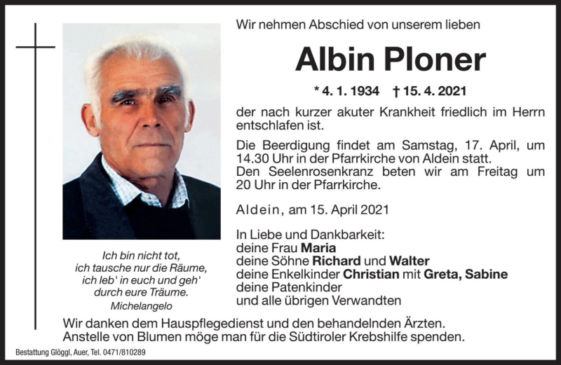  Traueranzeige für Albin Ploner vom 16.04.2021 aus Dolomiten