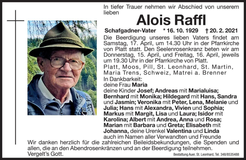  Traueranzeige für Alois Raffl vom 14.04.2021 aus Dolomiten