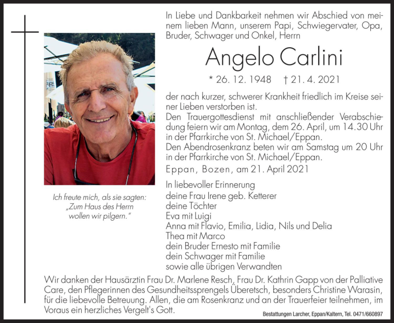  Traueranzeige für Angelo Carlini vom 22.04.2021 aus Dolomiten
