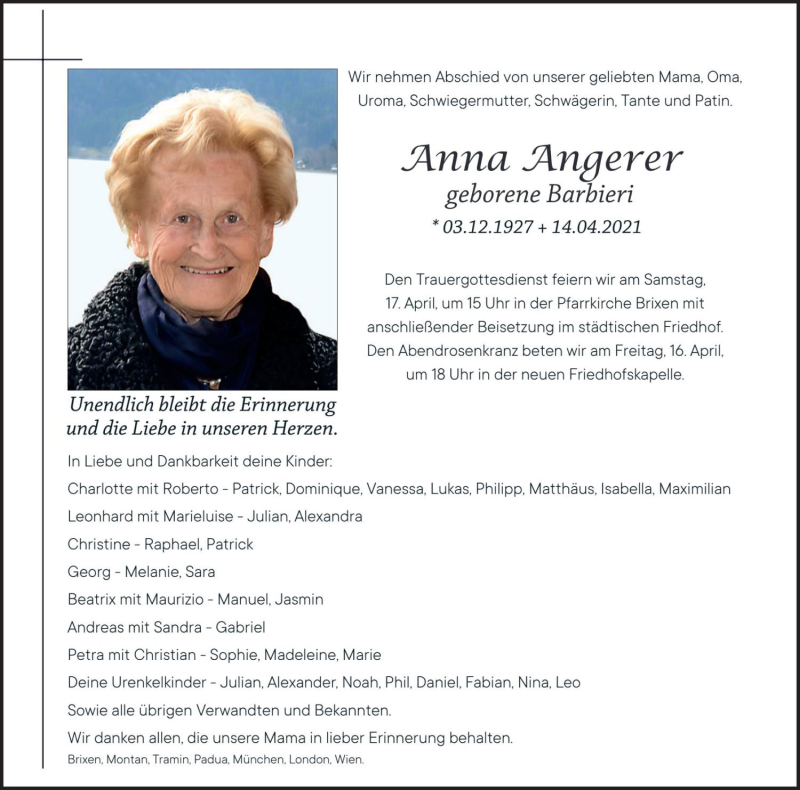  Traueranzeige für Anna Angerer vom 16.04.2021 aus Dolomiten