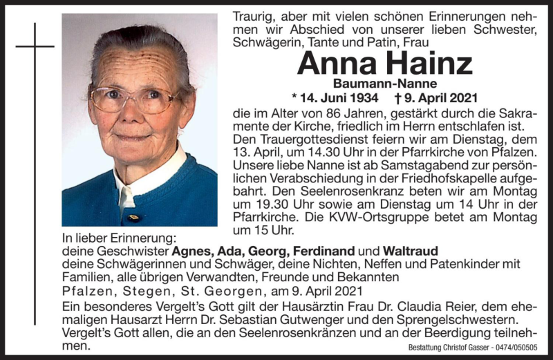  Traueranzeige für Anna Hainz vom 12.04.2021 aus Dolomiten