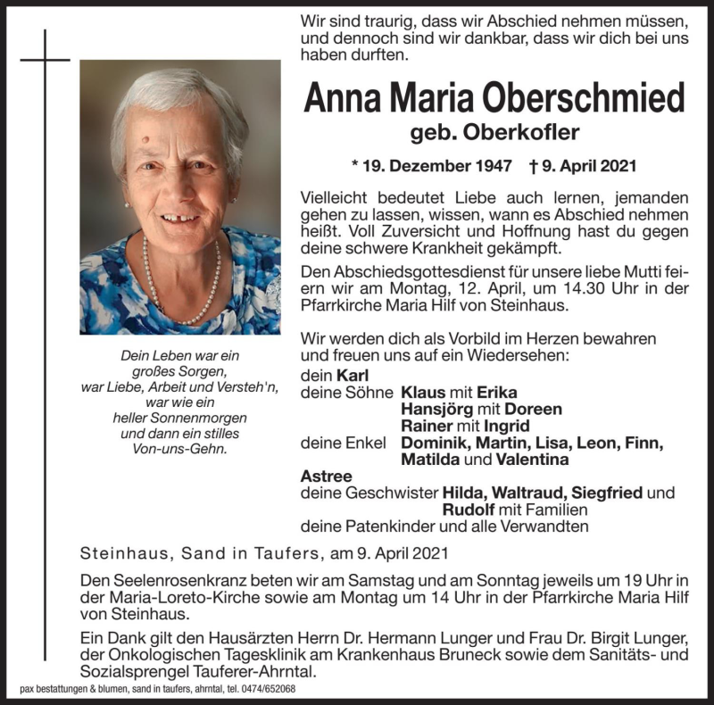  Traueranzeige für Anna Maria Oberschmied vom 10.04.2021 aus Dolomiten