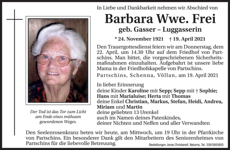  Traueranzeige für Barbara Frei vom 21.04.2021 aus Dolomiten