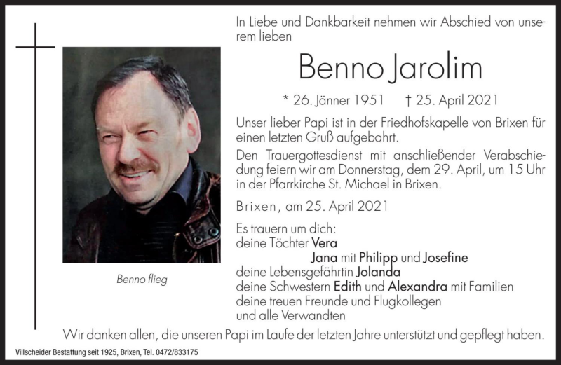  Traueranzeige für Benno Jarolim vom 27.04.2021 aus Dolomiten