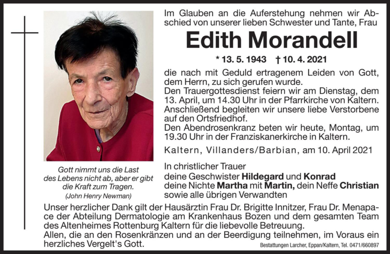  Traueranzeige für Edith Morandell vom 12.04.2021 aus Dolomiten