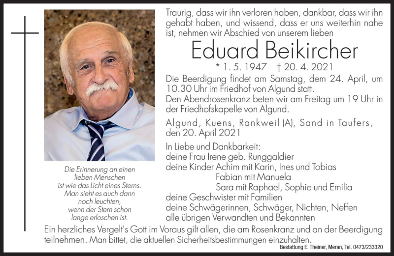  Traueranzeige für Eduard Beikircher vom 23.04.2021 aus Dolomiten