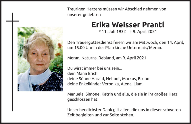  Traueranzeige für Erika Prantl vom 12.04.2021 aus Dolomiten