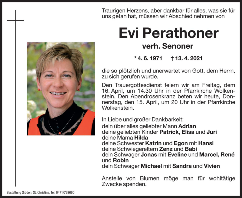  Traueranzeige für Evi Senoner vom 15.04.2021 aus Dolomiten
