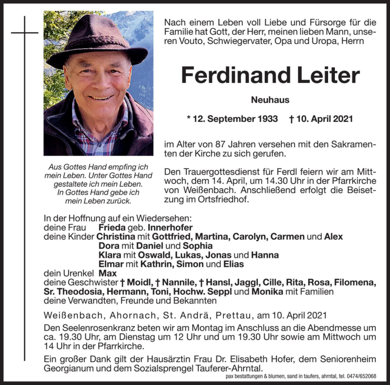 Traueranzeige für Ferdinand Leiter vom 12.04.2021 aus Dolomiten