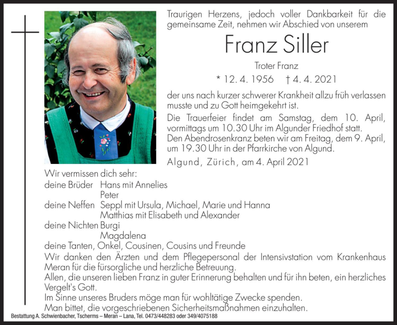  Traueranzeige für Franz Siller vom 09.04.2021 aus Dolomiten