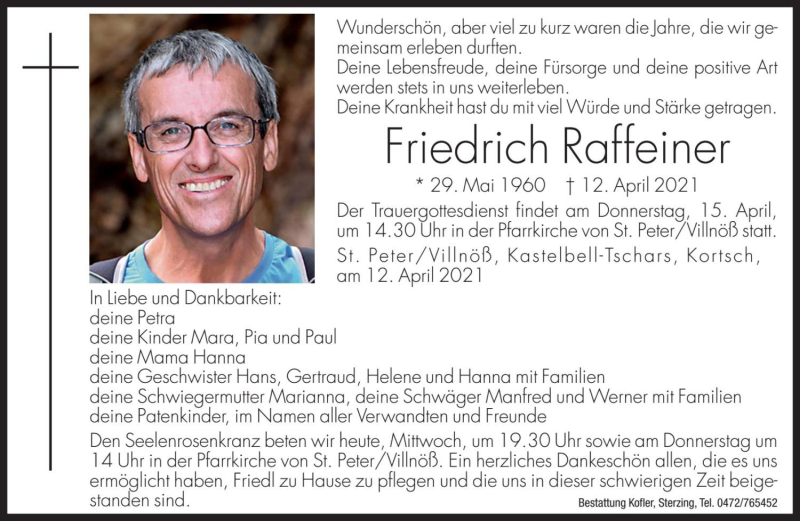  Traueranzeige für Friedrich Raffeiner vom 14.04.2021 aus Dolomiten