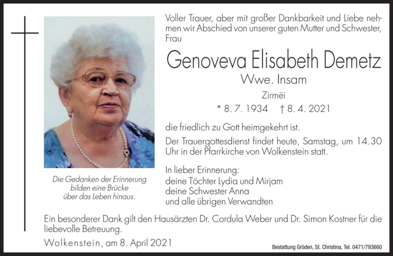  Traueranzeige für Genoveva Elisabeth Insam vom 10.04.2021 aus Dolomiten