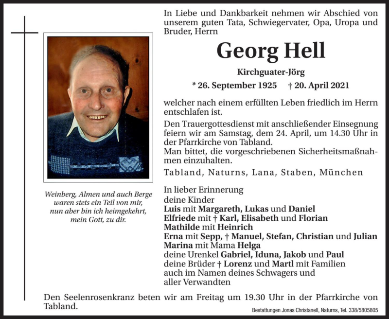  Traueranzeige für Georg Hell vom 22.04.2021 aus Dolomiten