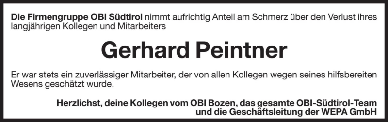  Traueranzeige für Gerhard Peintner vom 13.04.2021 aus Dolomiten