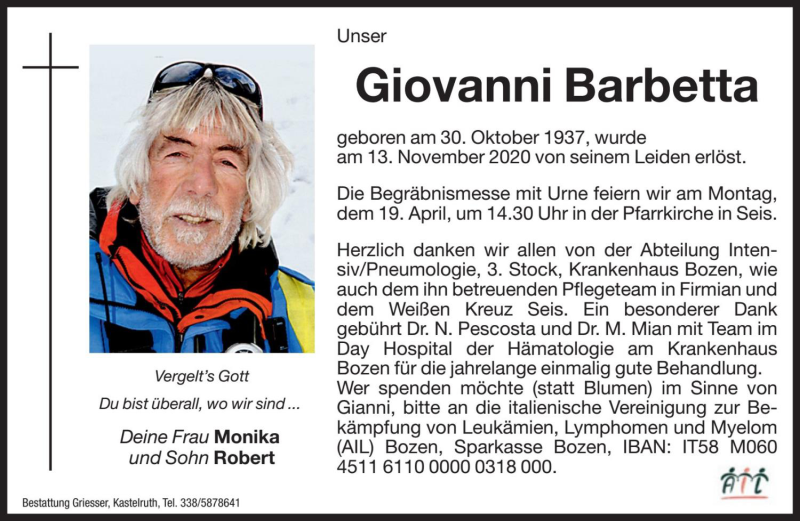  Traueranzeige für Giovanni Barbetta  vom 16.04.2021 aus Dolomiten