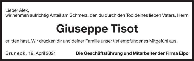  Traueranzeige für Giuseppe Tisot vom 21.04.2021 aus Dolomiten