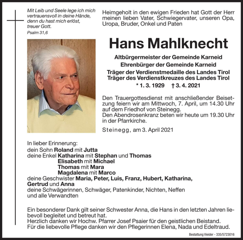 Traueranzeige für Hans Mahlknecht vom 06.04.2021 aus Dolomiten