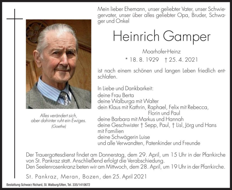  Traueranzeige für Heinrich Gamper vom 28.04.2021 aus Dolomiten