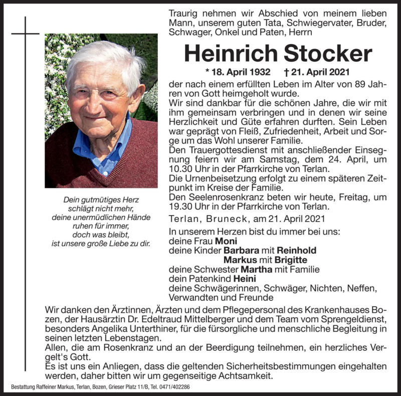  Traueranzeige für Heinrich Stocker vom 23.04.2021 aus Dolomiten